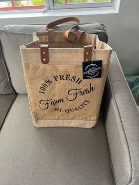 Reusable Farmers Market Jute  & Cotton Tote Bag with Faux Leather Handles